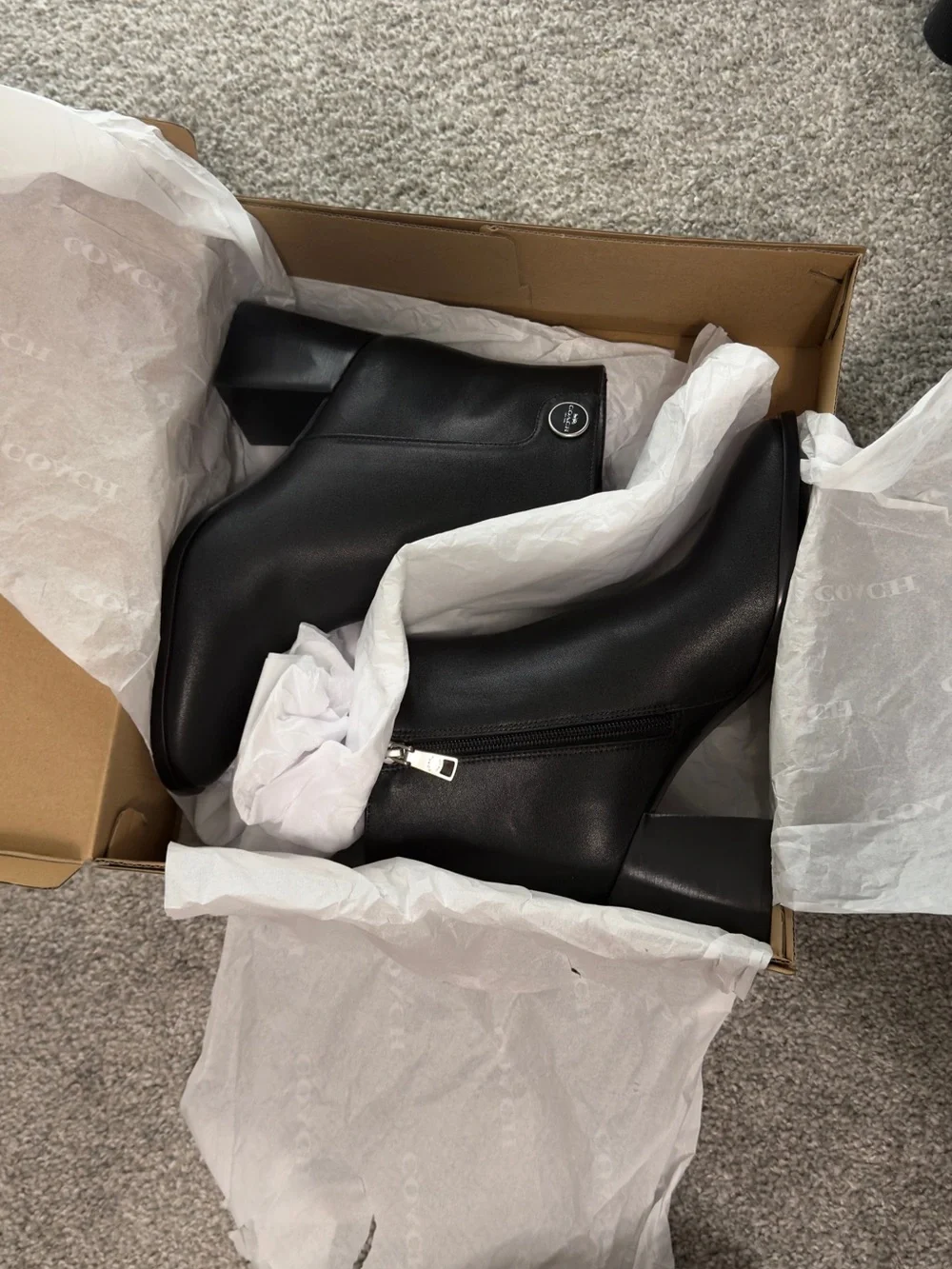Coach Black Leather Block Heel Ankle Booties